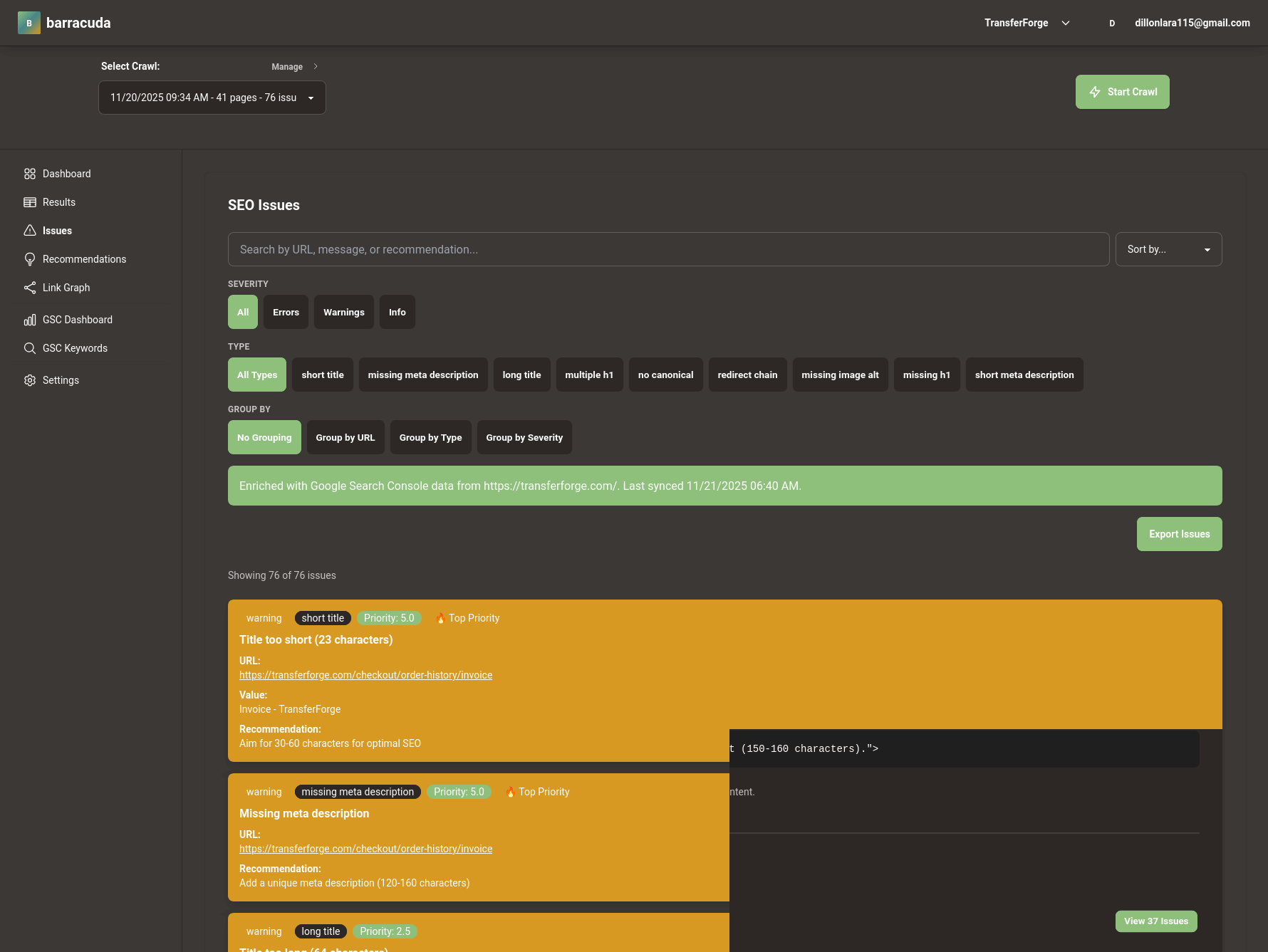 Barracuda SEO Issues Dashboard showing e-commerce product page issues